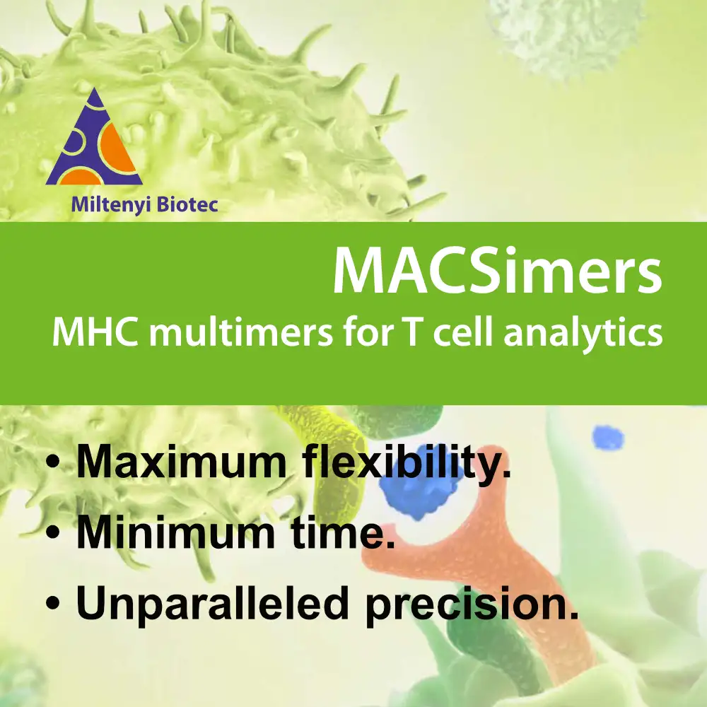 MHC MACSimer 產品主視覺圖，展示創新多聚體技術的核心概念與應用優勢