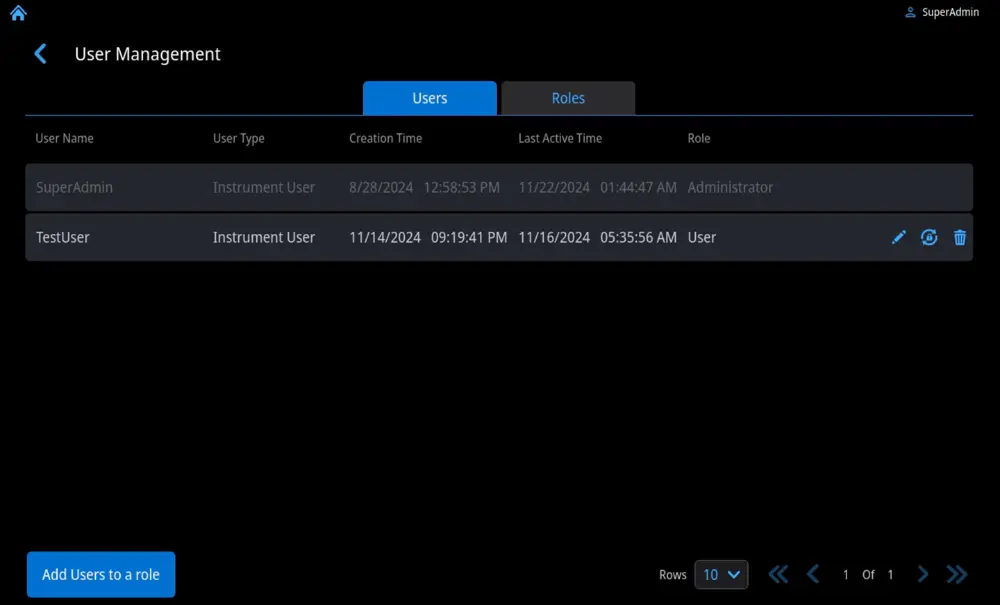 SciVault 2 user management and privileges screen for NanoDrop Ultra