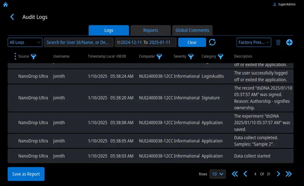 SciVault 2 audit logs screen recording user actions on NanoDrop Ultra
