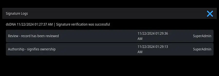 SciVault 2 electronic signature and history screen for NanoDrop Ultra