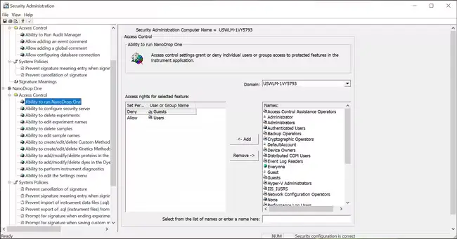 Security Administration and Audit Manager interface for NanoDrop One/OneC