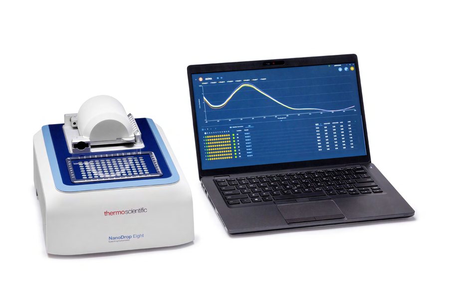 NanoDrop Eight with a laptop running NanoDrop software for data export to LIMS