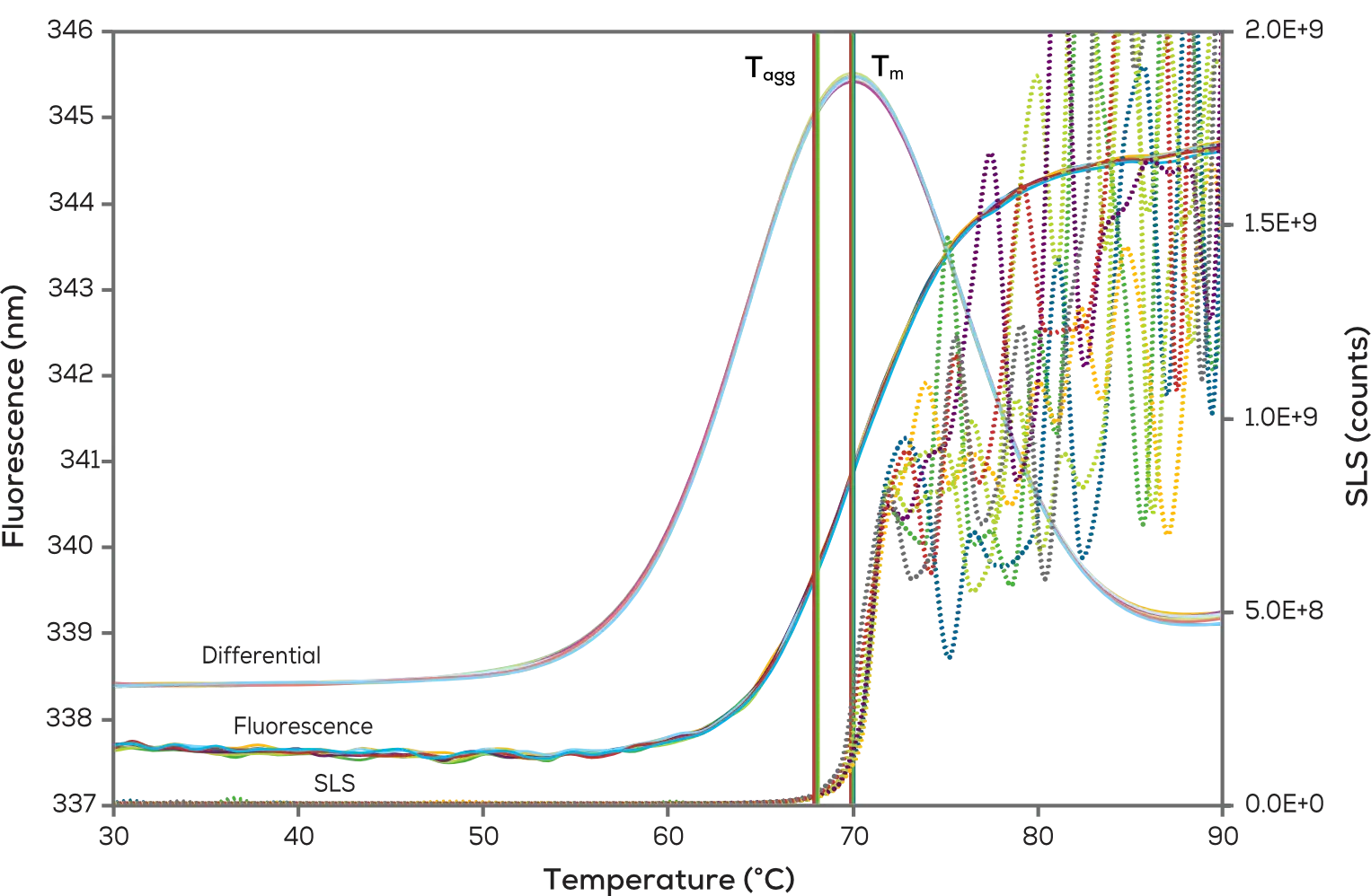 螢光與SLS數據疊加圖，顯示Tm與Tagg