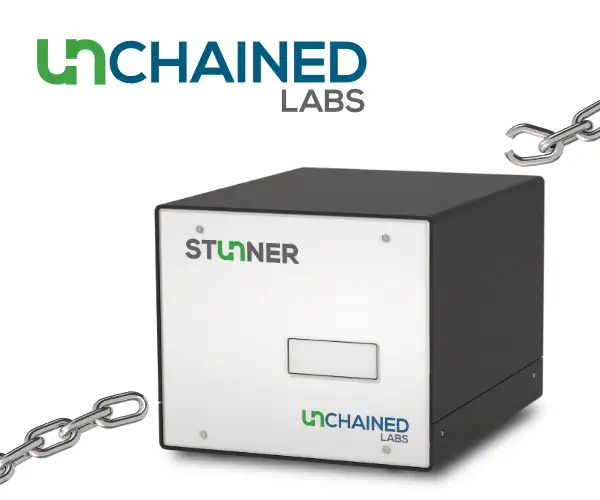 Stunner 病毒載體分析儀器外觀 - Unchained Labs 微量盤式 DLS 與 UV/Vis 整合系統，96 孔高通量 AAV AdV 定量平台